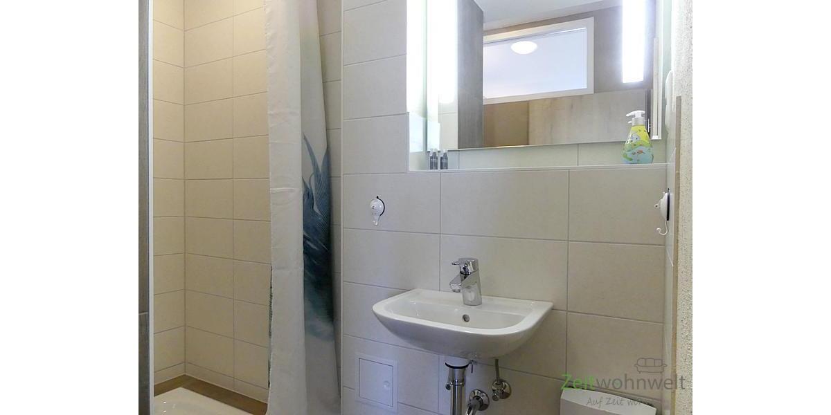 Duschbad-Blick zu Waschbecken und Dusche